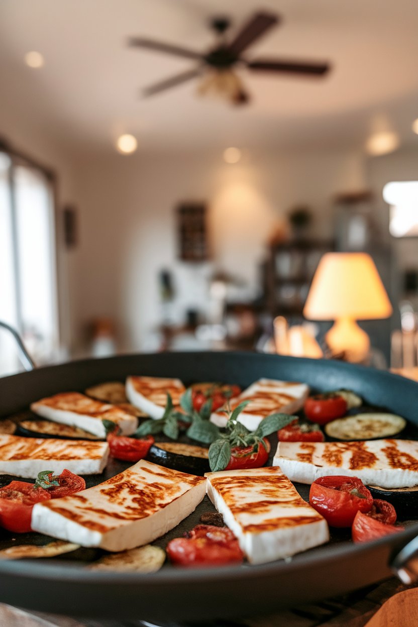 Indoor photo of golden halloumi cheese slices with roasted zucchini, eggplant, tomatoes, and oregano on a pan; no logos