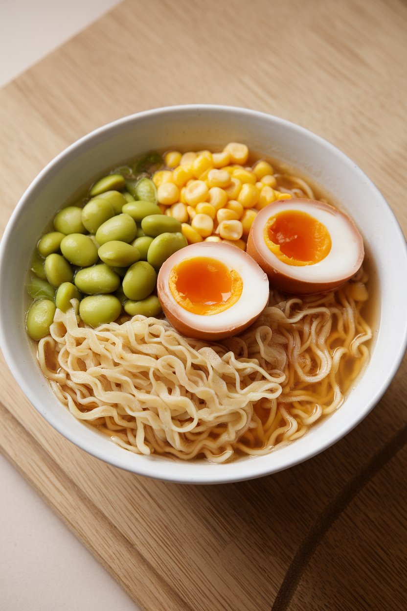An indoor bowl of ramen noodles in a light broth, crowned with buttery edamame, corn, and a soft-boiled egg. No text or logos. Photo.