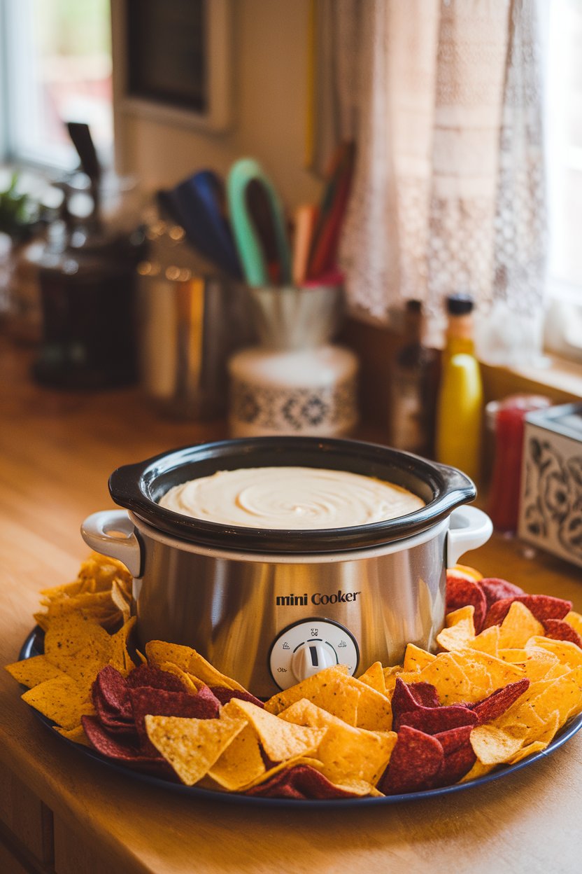 A warm indoor countertop displaying a mini slow cooker filled with silky white queso, surrounded by colorful tortilla chips; no text or logos, photo only.