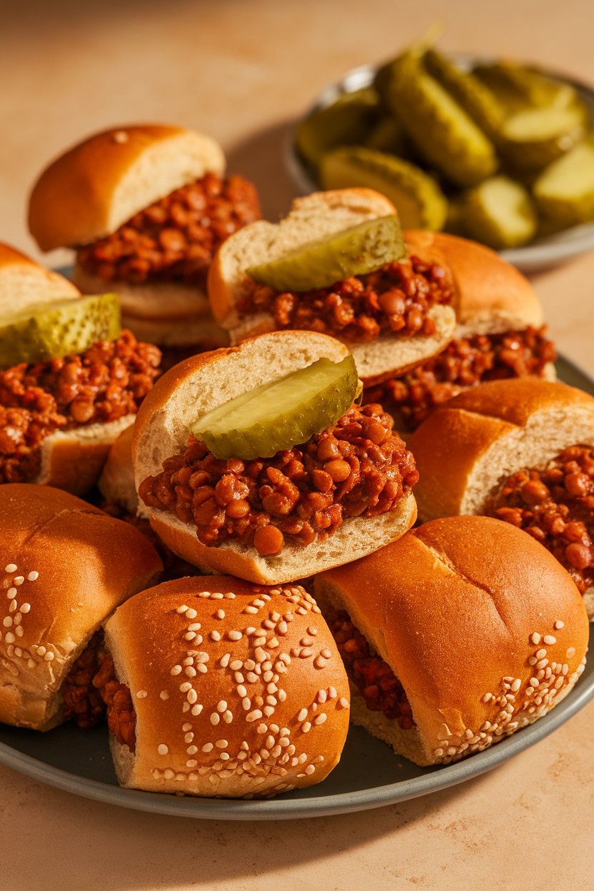 Indoor photo of mini whole-grain buns overflowing with saucy lentil Sloppy Joe filling, pickles on the side. No visible text or logos.