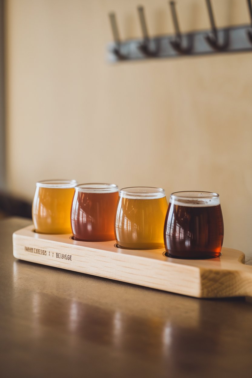 Indoor photo of a wooden paddle holding four small glasses of different colored craft beers; no text or logos.
