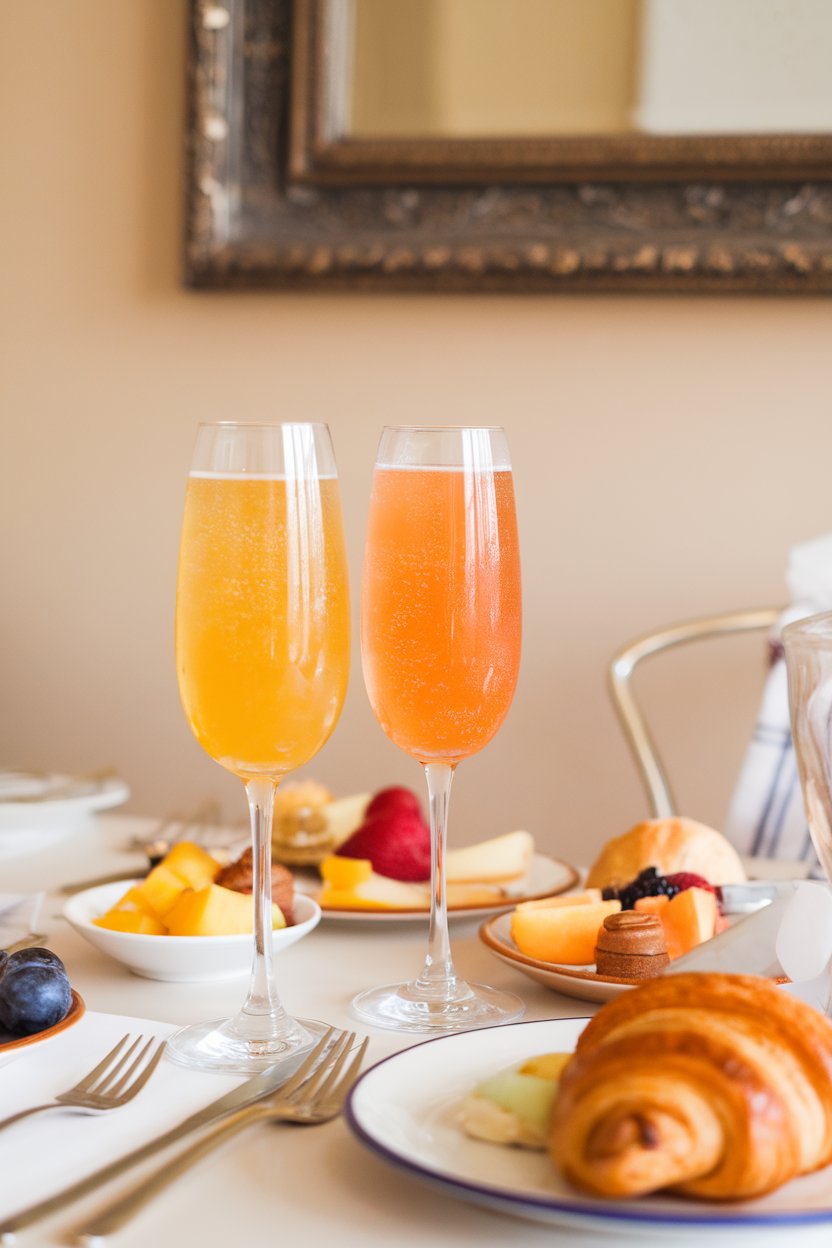 An indoor brunch table with flute glasses of sunny yellow-orange bellini, tiny bubbles visible; photo, not illustration; no text or logos.
