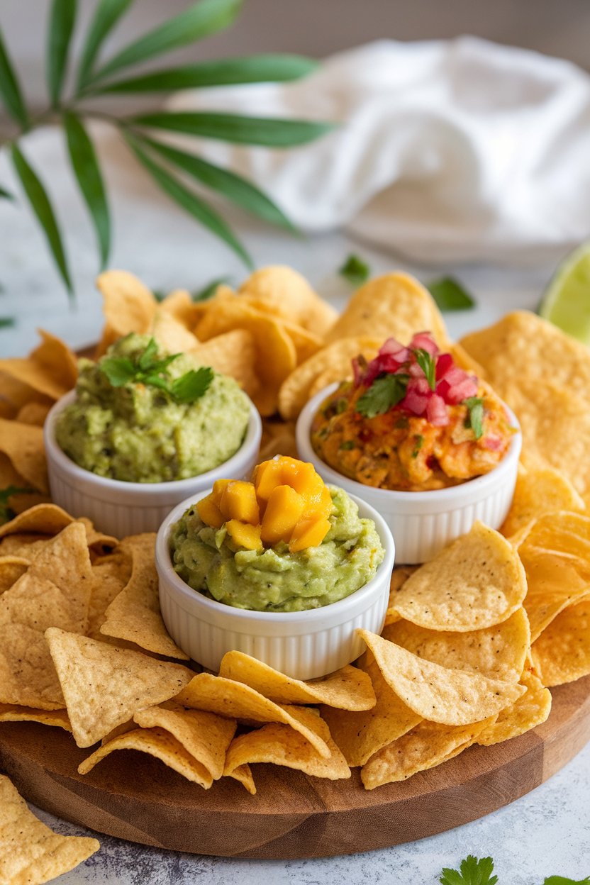An indoor wooden board hosting three small bowls of guacamole—classic, mango, and spicy—surrounded by tortilla chips—no text or logos. Photo, not illustration.