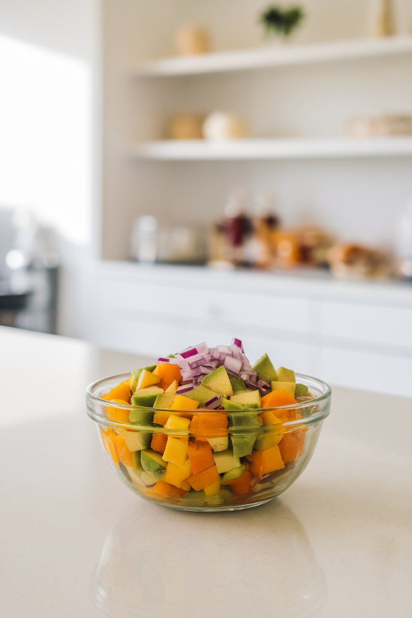 Photo on an indoor breakfast bar showing a bowl of bright mango avocado salsa featuring orange cubes, green avocado, and purple onion. Clean backdrop, no branding.