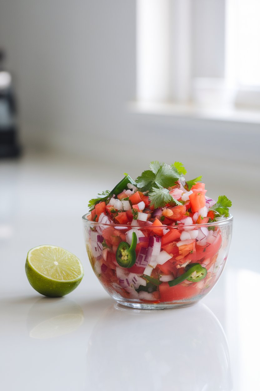 An indoor counter scene showing a glass bowl of fresh pico de gallo with diced tomatoes, onion, jalapeño, and cilantro, a lime half nearby. Clean, bright lighting, no text or logos.