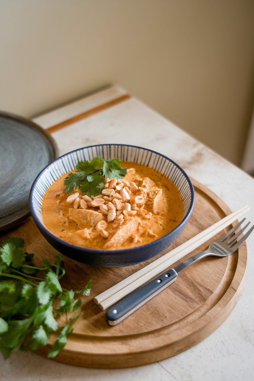 An indoor dining table with a bowl of Thai peanut chicken chili, garnished with chopped peanuts and cilantro. No text or logos anywhere.