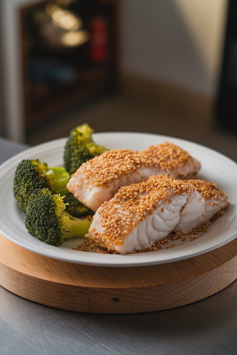 Photo of cooked cod fillets coated in golden sesame seeds, served on a white plate with steamed broccoli, indoor lighting. No text or logos.