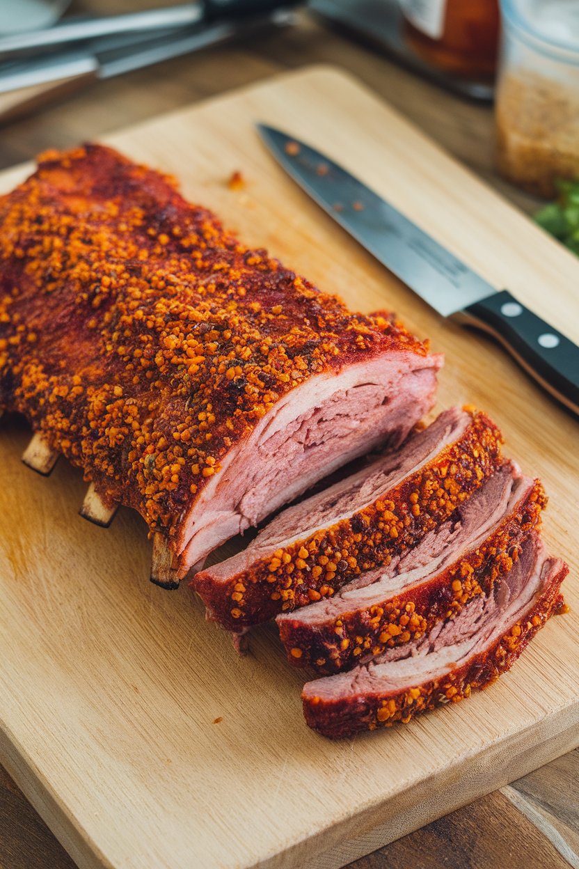 Indoor cutting board with a rack of oven-roasted ribs coated in Cajun spice blend, sliced for serving. Photo, no text or logos.