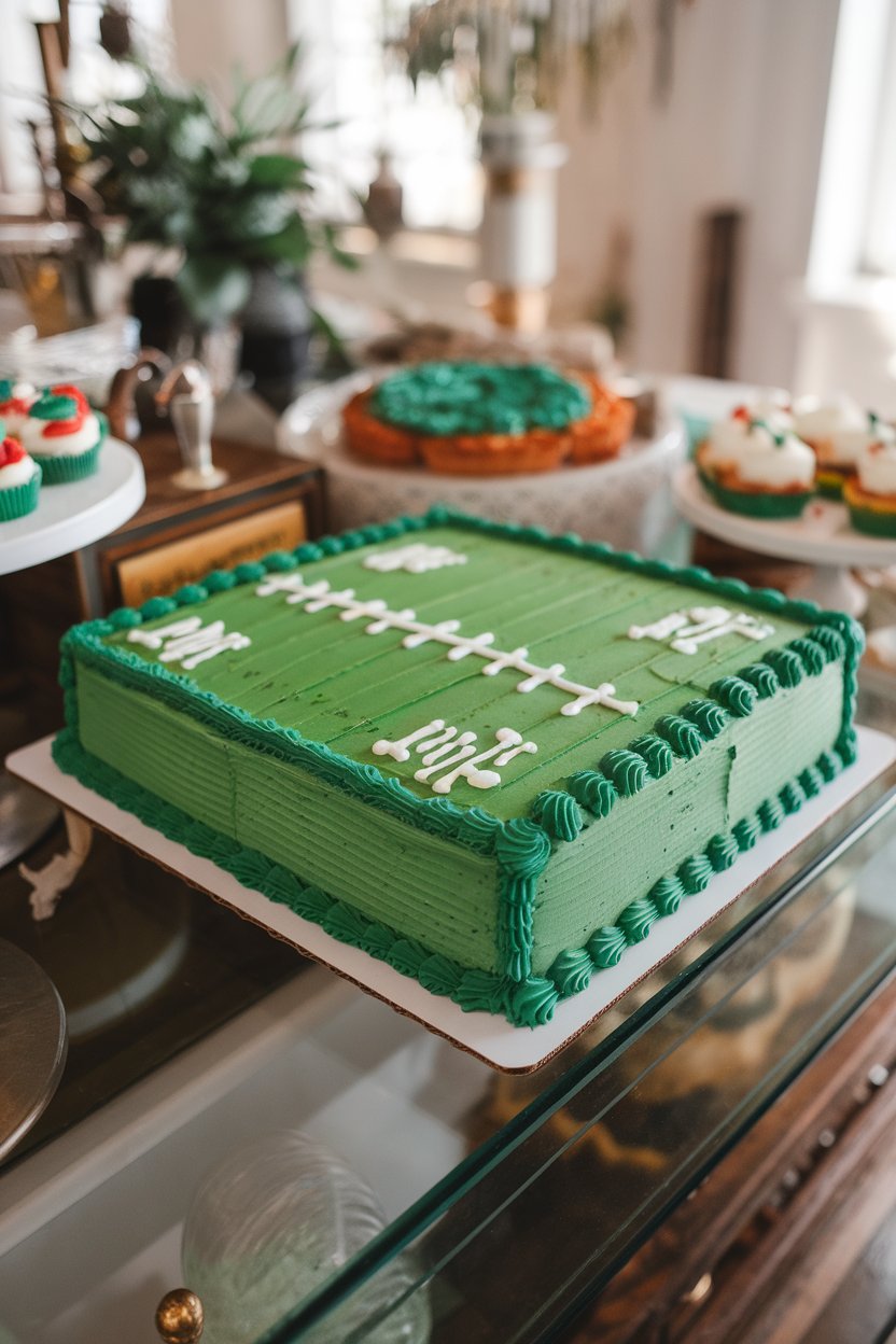Photo of a rectangular sheet cake frosted green with white yard lines, no text or logos, shot indoors on a dessert table