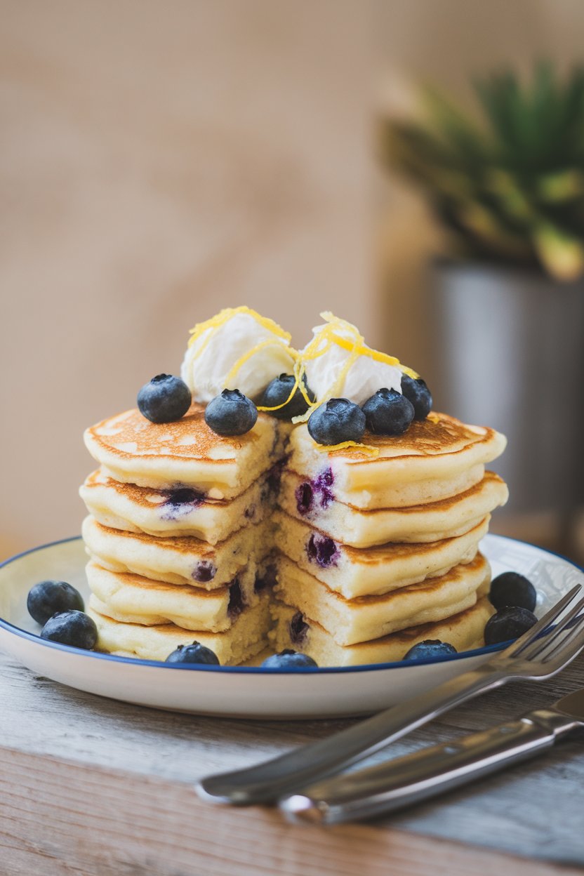 Indoor photo of fluffy pancakes dotted with blueberries and topped with lemon zest and ricotta dollops, no text or logos