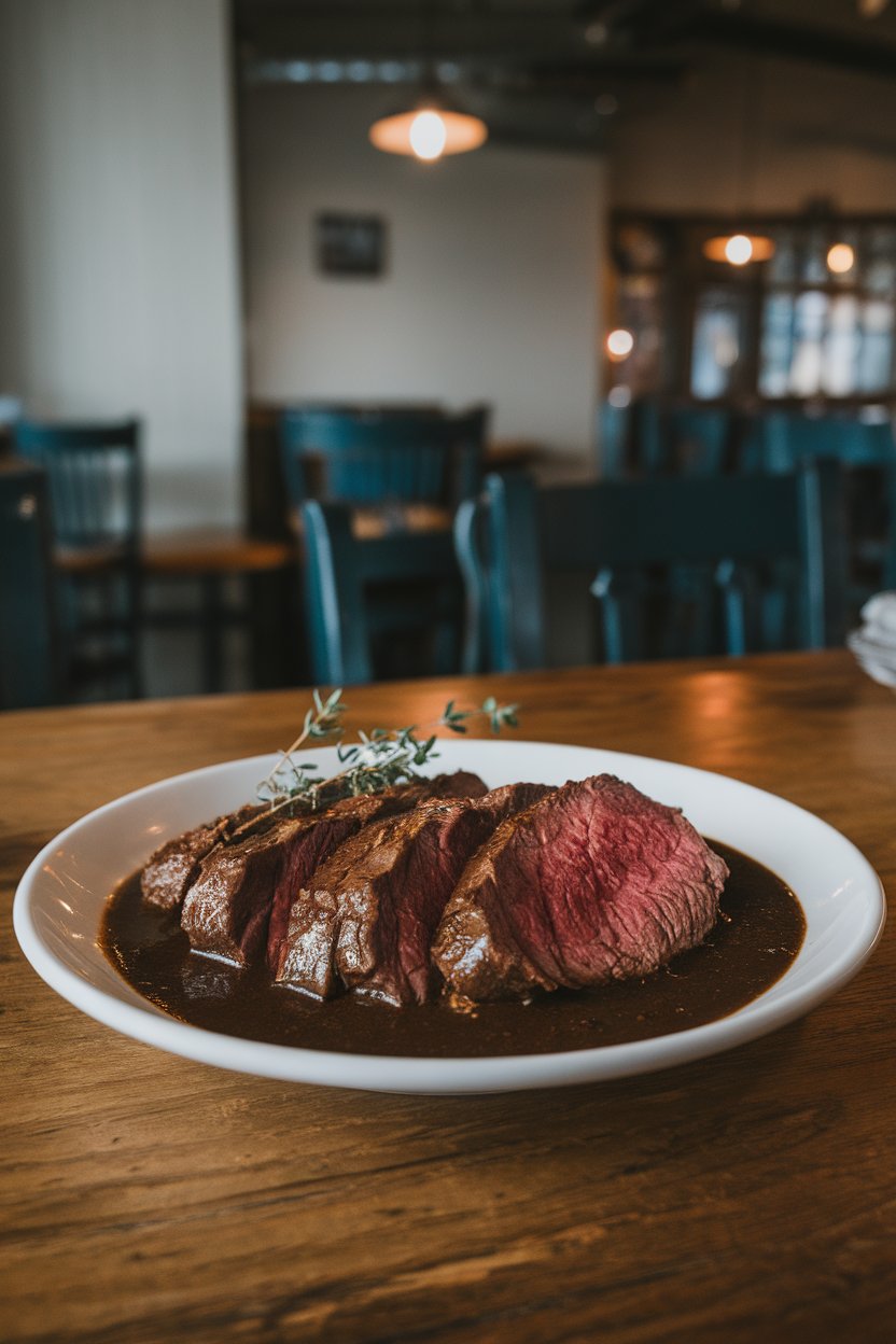 Indoor tavern table with beef slices covered in dark onion-stout gravy, thyme sprig. No text or logos.