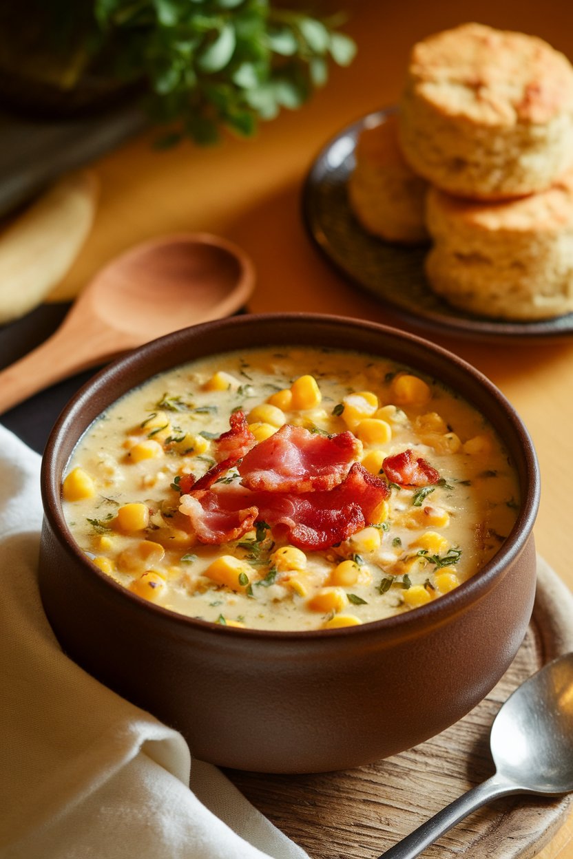 A warmly lit indoor soup bowl filled with rich corn chowder dotted with bacon and herbs; photo only, no text or logos.