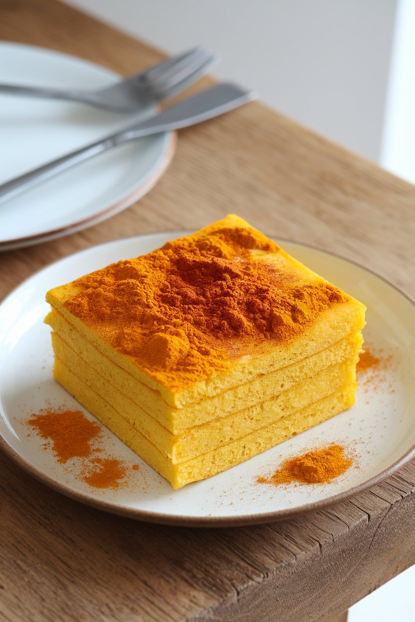 Bright yellow pancake square with a sprinkle of ground turmeric and cinnamon on an indoor wooden table, no text or logos.