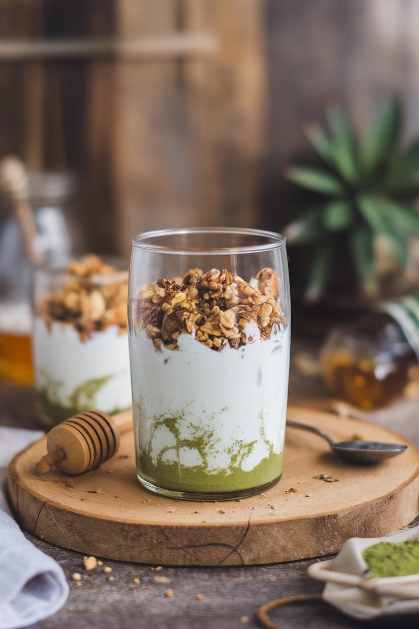 An indoor breakfast bar with clear tumblers layered with matcha yogurt, granola, and honey, no text or logos. Photo only.