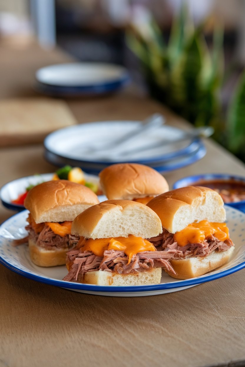 An indoor buffet plate with mini slider buns stuffed with shredded pot roast and melted cheddar; photo only, no logos or text.