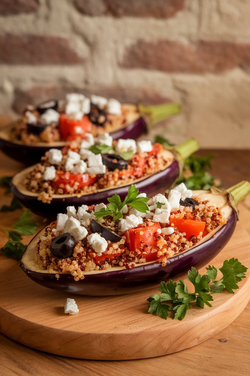 Indoor photo of halved eggplants baked and filled with quinoa, tomatoes, olives, and feta crumbles. No text or logos.