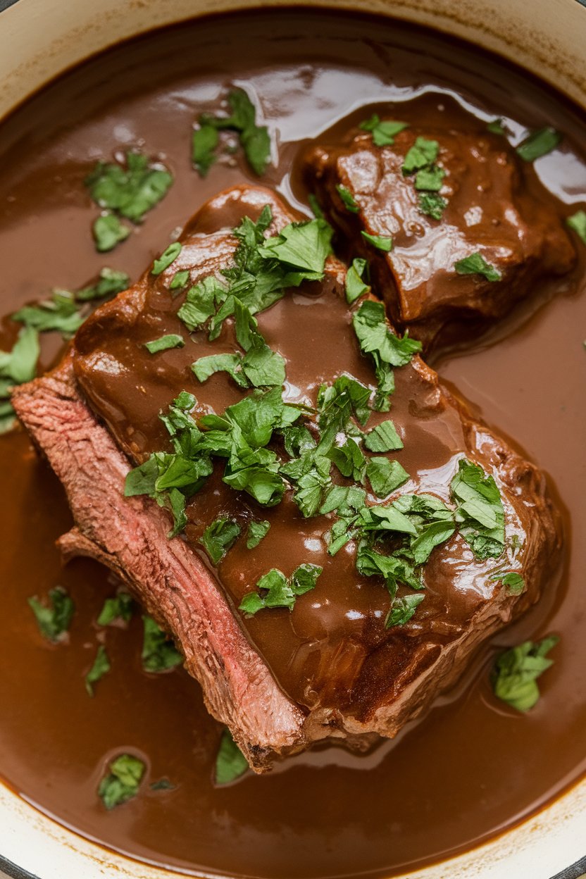 Indoor photo of short ribs in stout-chocolate sauce, chopped parsley on top; no text or logos