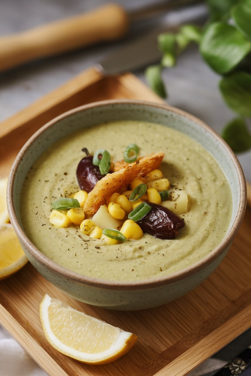 Indoor shot of creamy chowder—roasted poblano pieces, corn kernels, and potato chunks in pale green soup. No text or logos. Photo.
