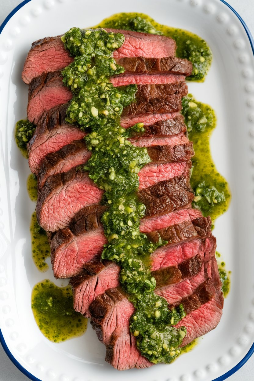 An indoor setting featuring sliced cooked flank steak drizzled with vibrant green chimichurri, laid on a simple white platter; no text or logos; photograph.