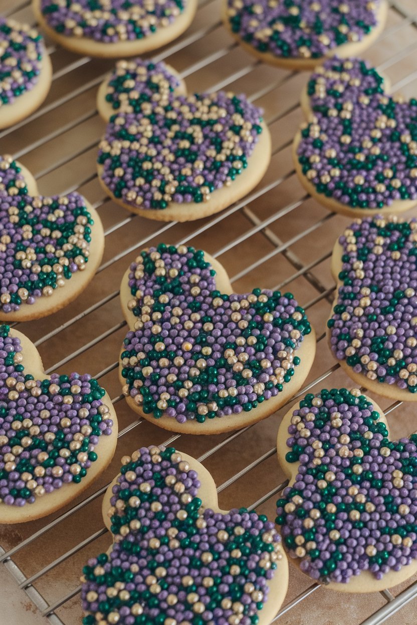 Indoor photo of classic cut-out sugar cookies generously covered in purple, green, and gold nonpareils, cooling on a rack. No text or logos.