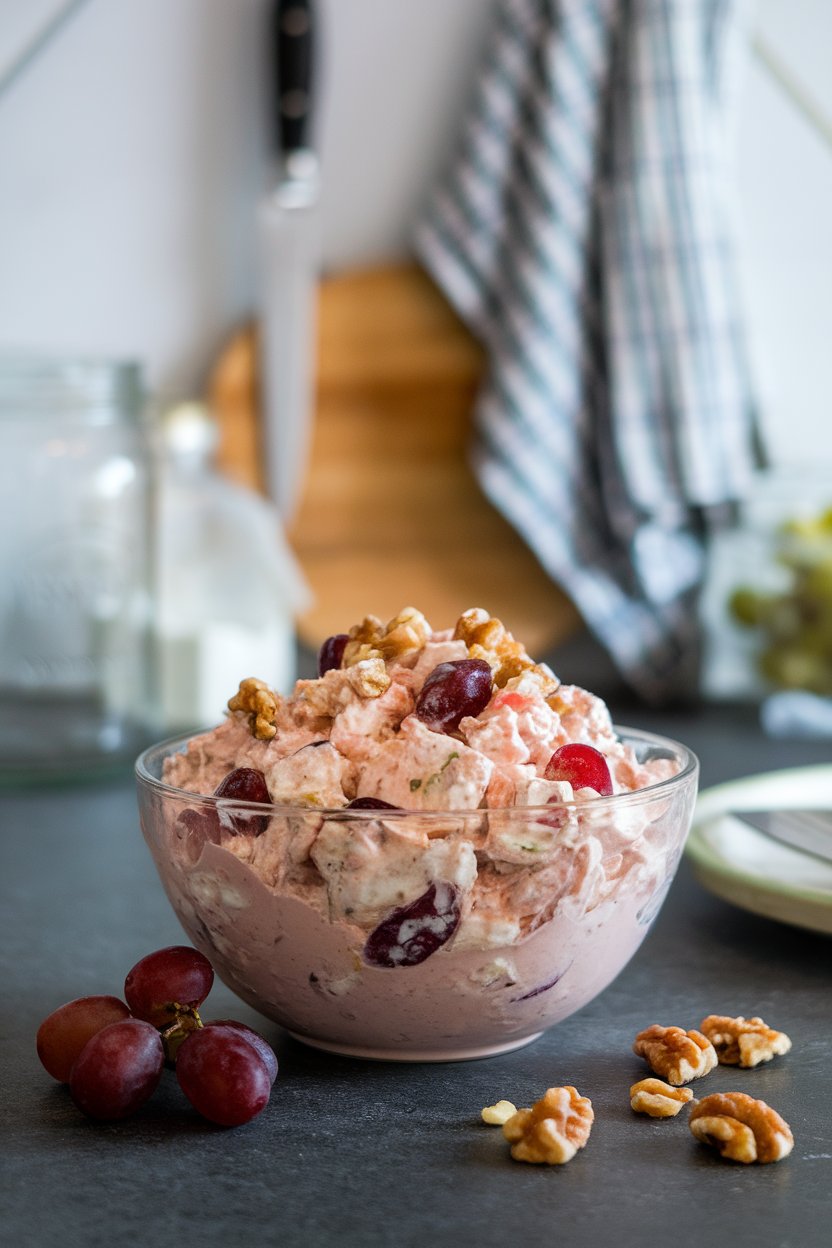 Photo of a bowl of chicken salad made with Greek yogurt, grapes, and walnuts, placed on an indoor countertop. No text or logos.