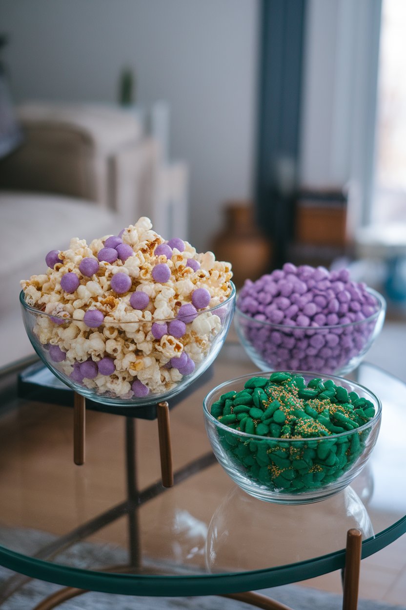 An indoor living-room snack table featuring bowls of popcorn tossed with purple candy-coated chocolates, green pretzel bits, and gold sprinkles. No logos or text in scene.