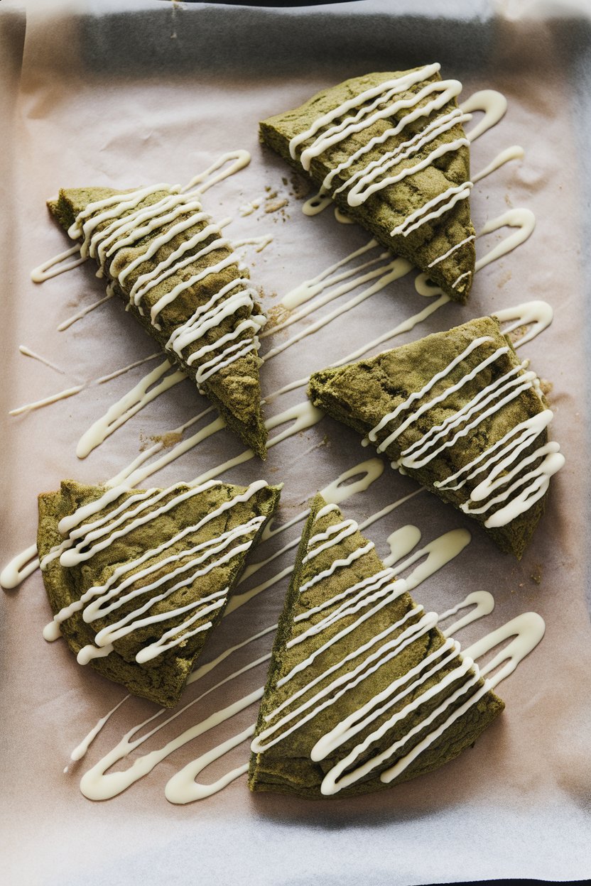 A parchment-lined indoor baking sheet with triangular matcha scones drizzled with melted white chocolate. No text or logos.