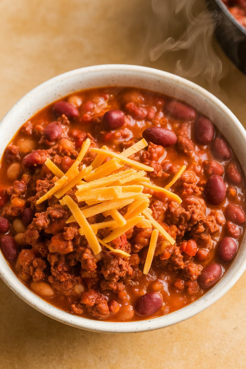 Indoor photo of a bowl of chunky chili with beans and ground beef, topped with shredded cheese, steam visible, no text or logos.