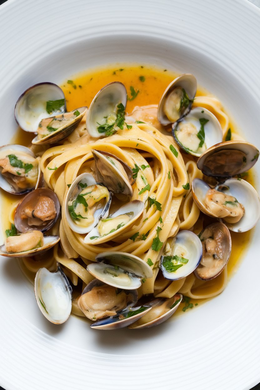 Indoor photo of linguine studded with cooked clams in shells, white wine sauce glistening, chopped parsley sprinkled, no text or logos