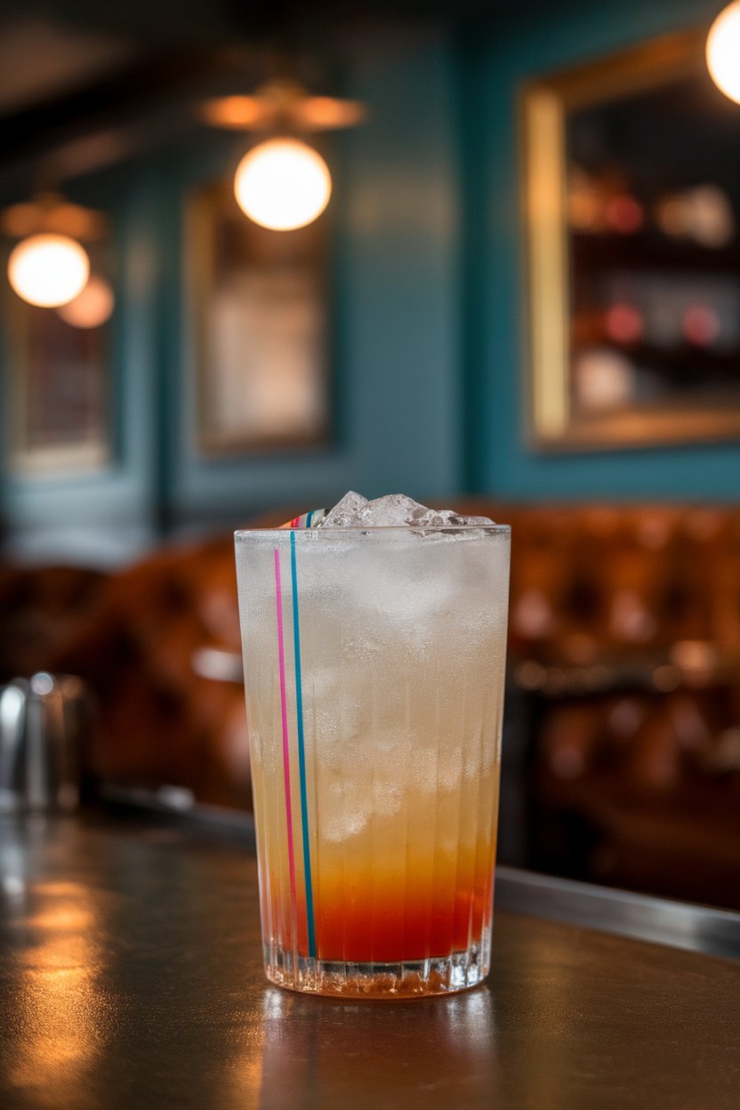 Indoor speakeasy with tall Collins glass packed with crushed ice forming frost, colorful bitters stripes decorating drink, no text or logos, photo