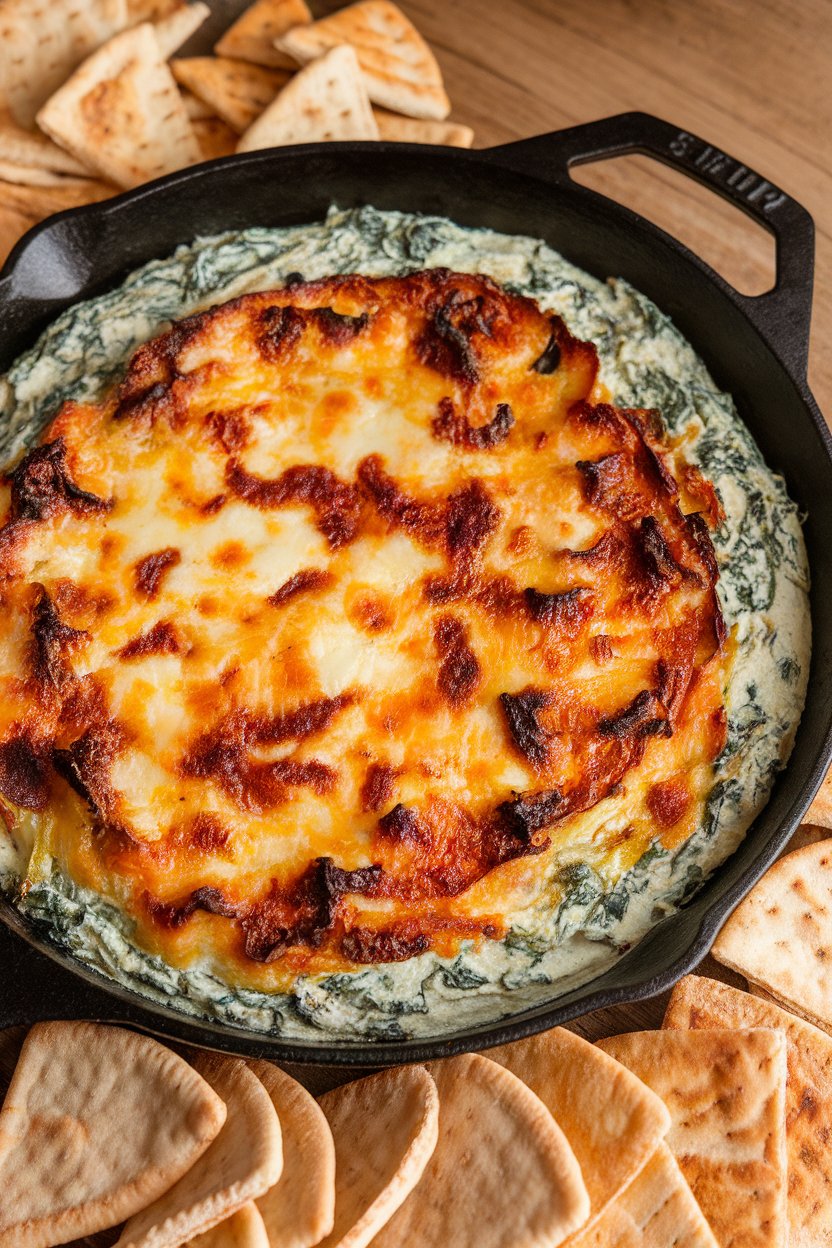 Indoor photo of a cast-iron skillet filled with creamy spinach artichoke dip, melted cheese blistered on top, pita chips arranged around. No text or logos.