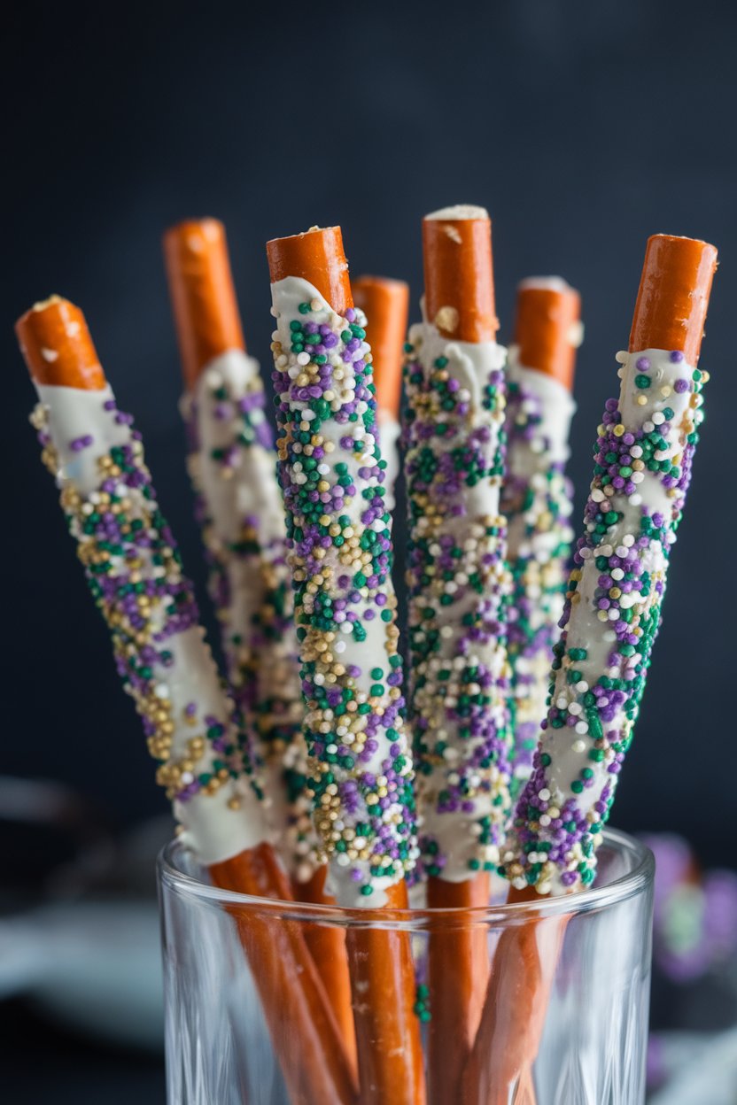 Indoor photo of tall pretzel rods dipped in white chocolate and coated with purple, green, and gold sprinkles, standing in a clear glass; no text or logos
