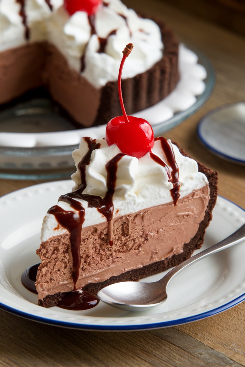 Indoor photo of a slice of chocolate ice cream pie with cookie crust, fudge sauce dripping down, whipped cream on top. No text or logos.