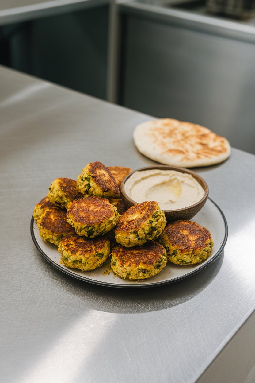 Indoor counter with a plate of crispy falafel patties and a small bowl of hummus. No text or logos.