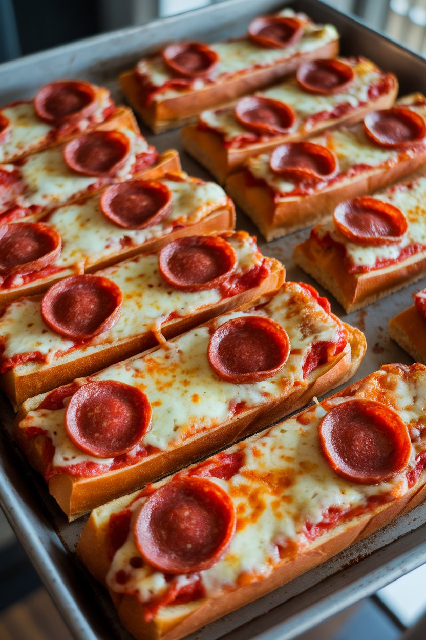 An indoor sheet pan holding long slices of pepperoni-topped French bread pizzas, cheese melted and edges toasted—no text or logos. Photo, not illustration.