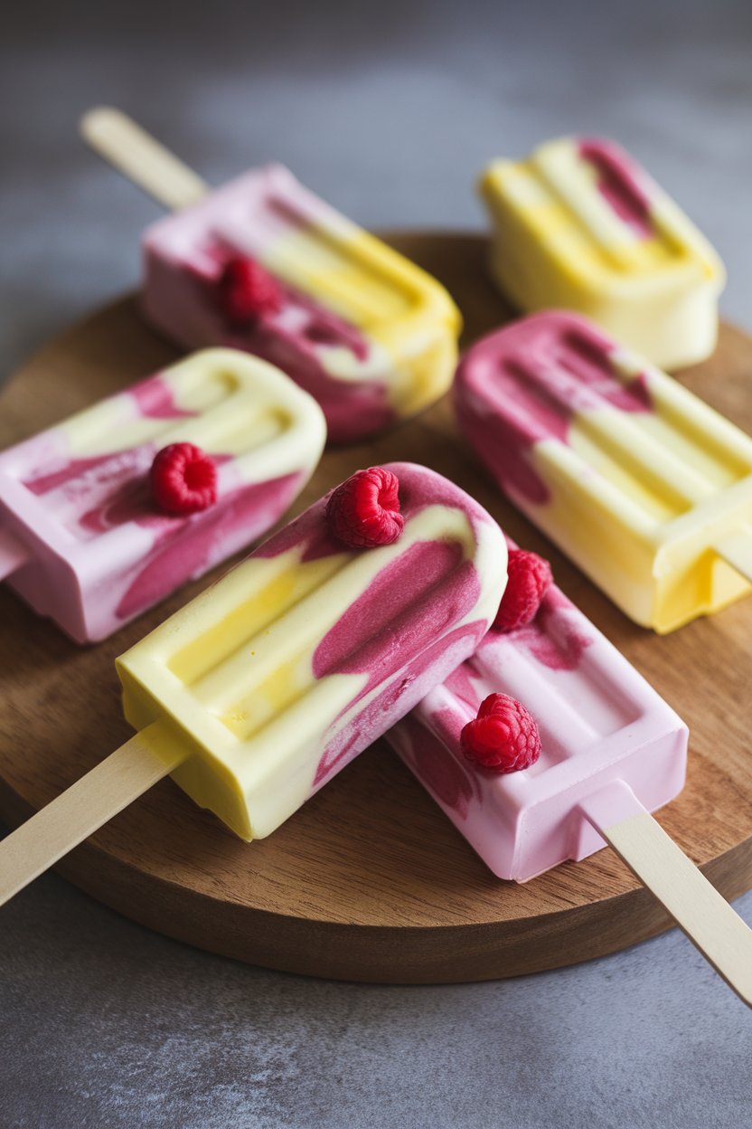 Indoor photo of frozen yogurt pops removed from molds showing swirls of raspberry and lemon curd, no text or logos