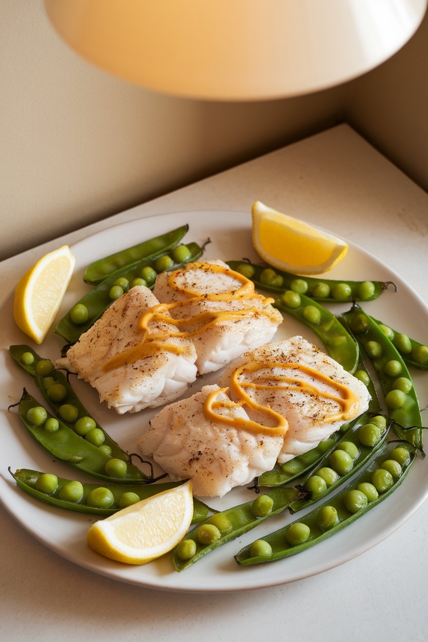 Indoor photo of baked haddock fillets brushed with Dijon, surrounded by roasted sugar snap peas and lemon wedges; no text or logos