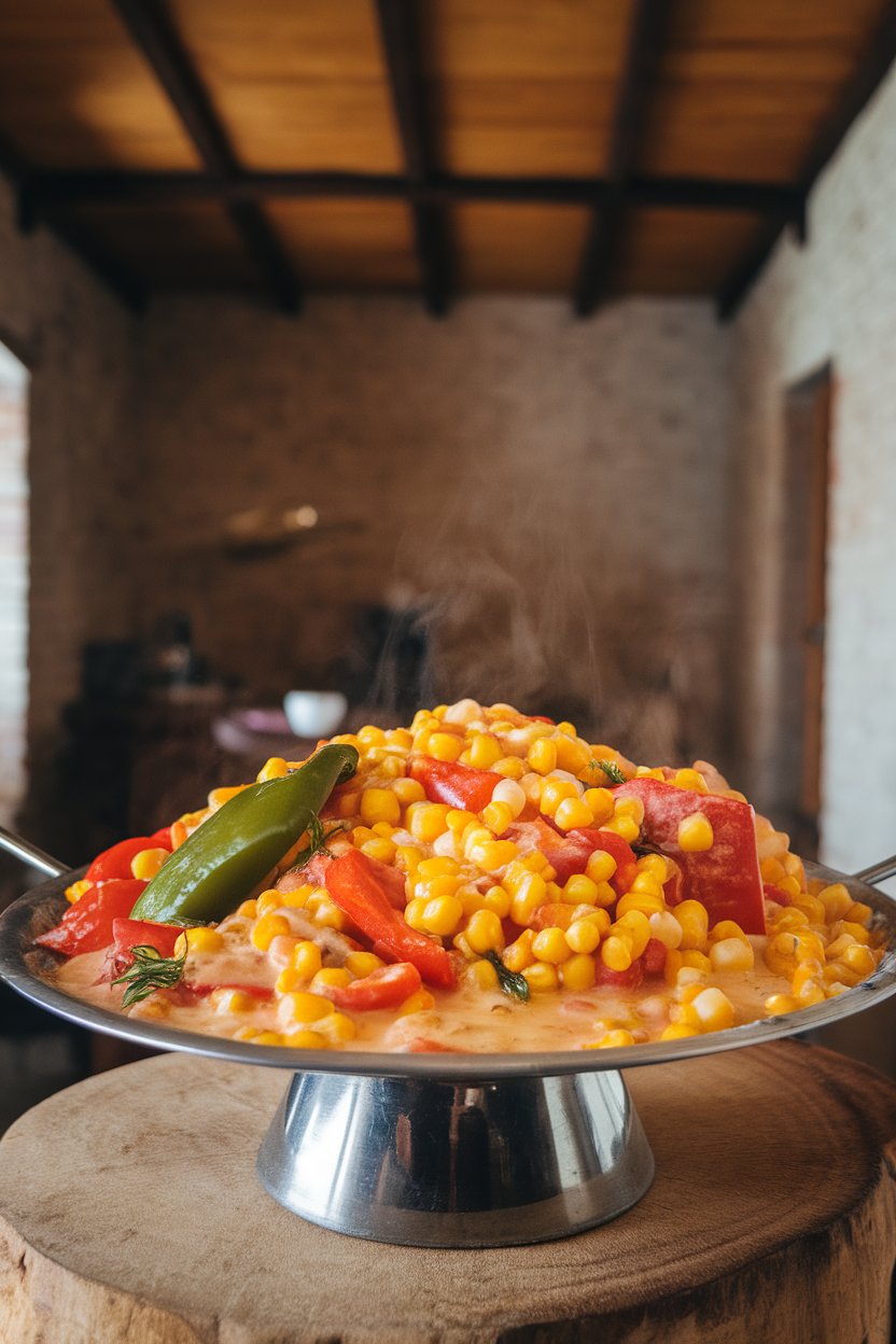 An indoor serving dish filled with sautéed corn, peppers, and tomatoes in creamy sauce, steam visible. No text or logos. Photo.