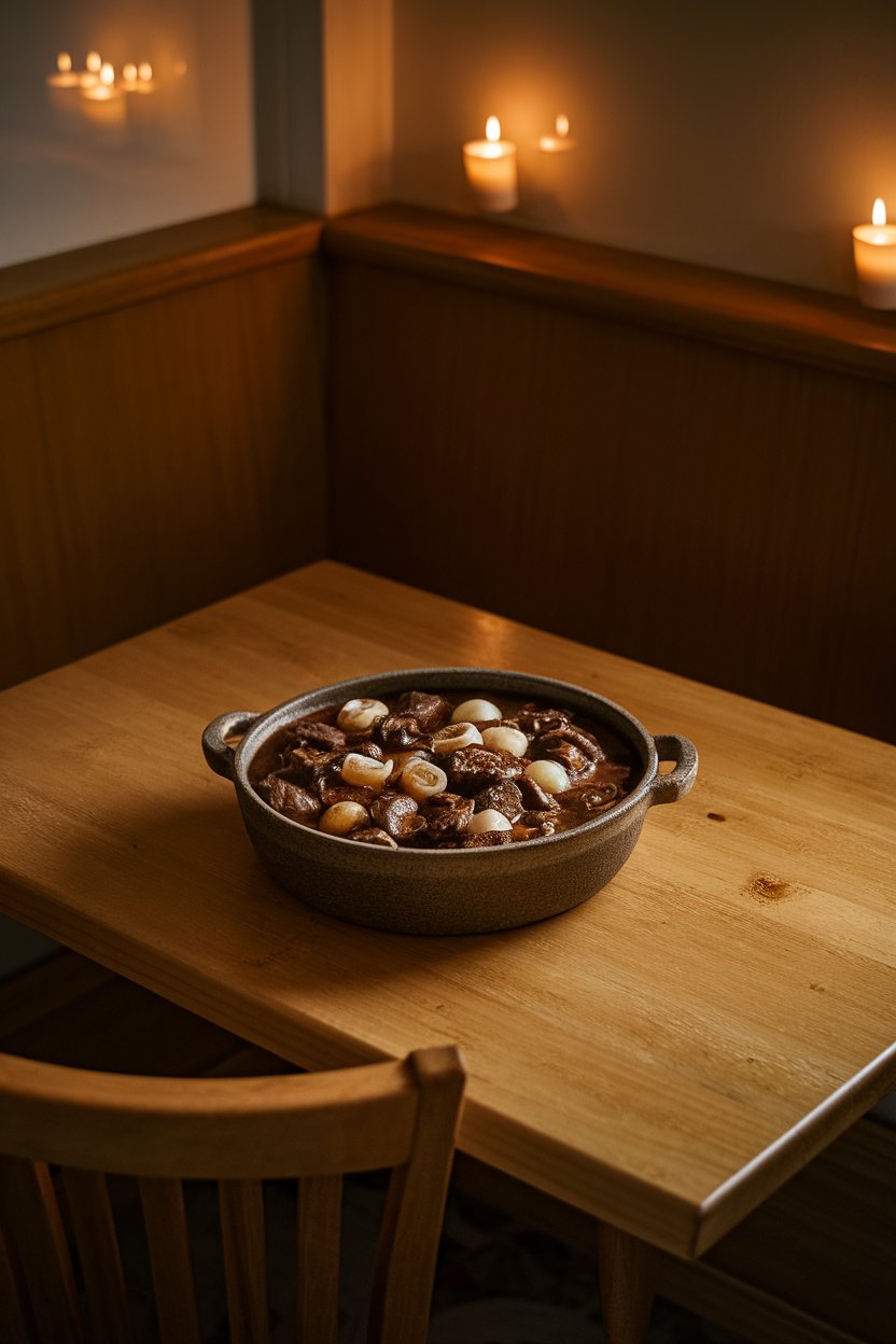 Indoor dining nook featuring a stoneware bowl of beef stew studded with mushrooms and pearl onions in a deep red wine sauce; subtle candlelight reflections. No text or logos. Photo.