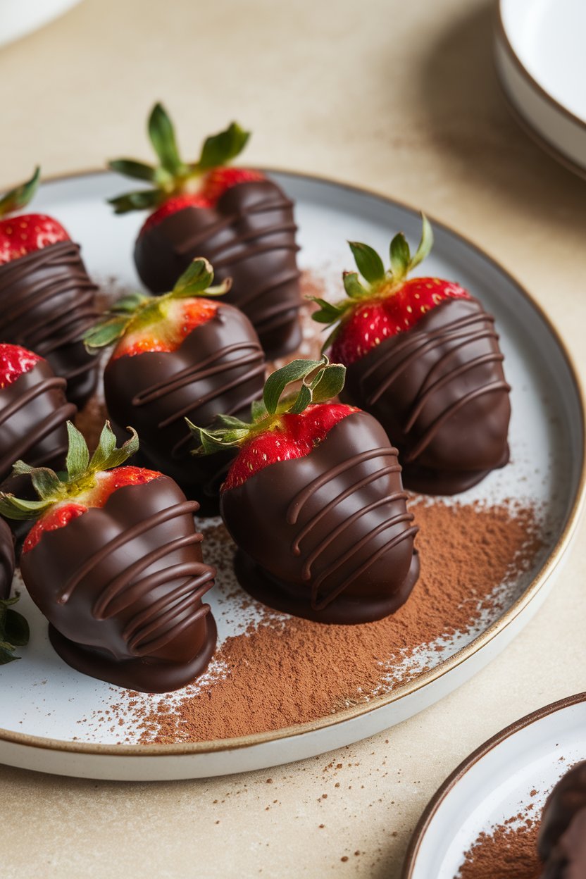 Photo prompt: Indoor dessert platter featuring glossy dark chocolate-covered strawberries, tips of red berry showing. No logos or text. Photo, not illustration.