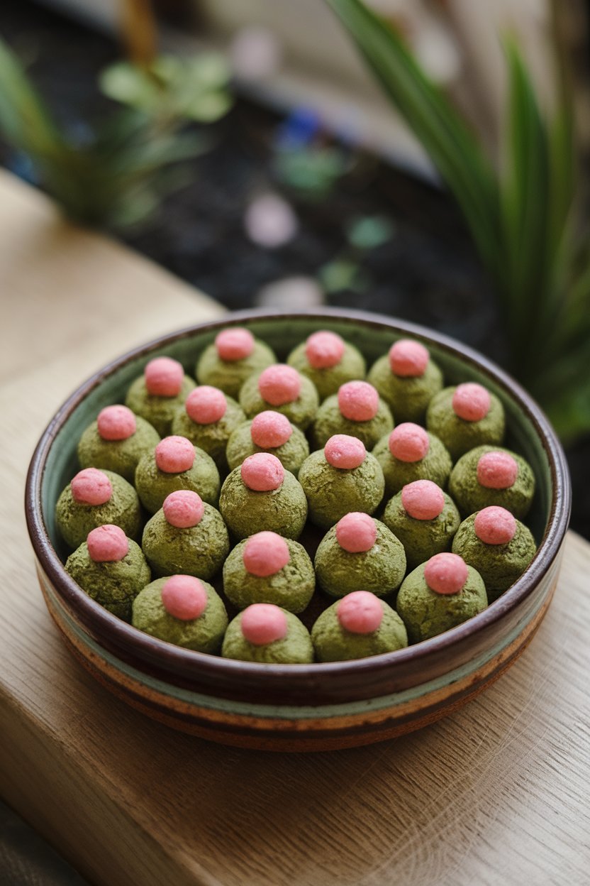Green matcha-coated truffles with pink strawberry centers, displayed indoors on a ceramic dish. No text or logos.