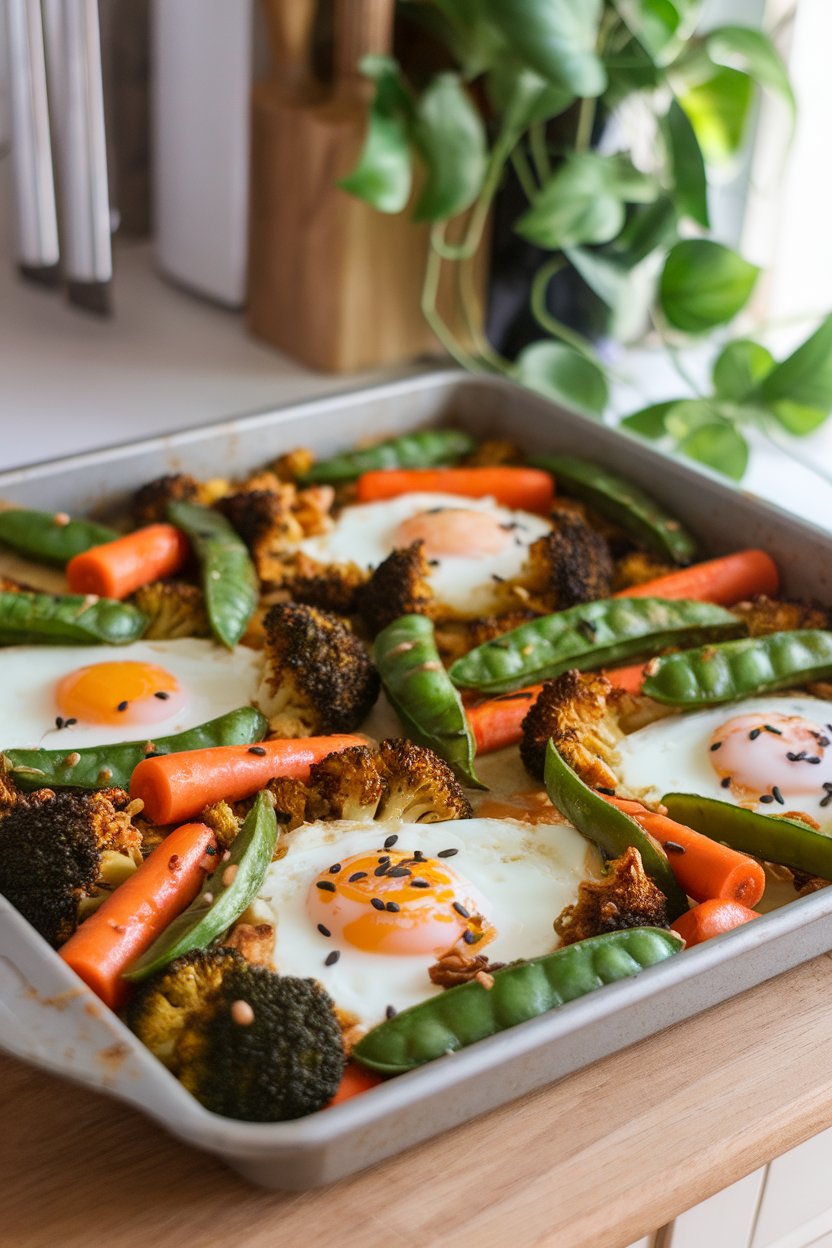 A sheet pan inside a well-lit kitchen, filled with baked eggs among roasted broccoli, snap peas, and carrots glazed in sesame ginger sauce. No text or logos.