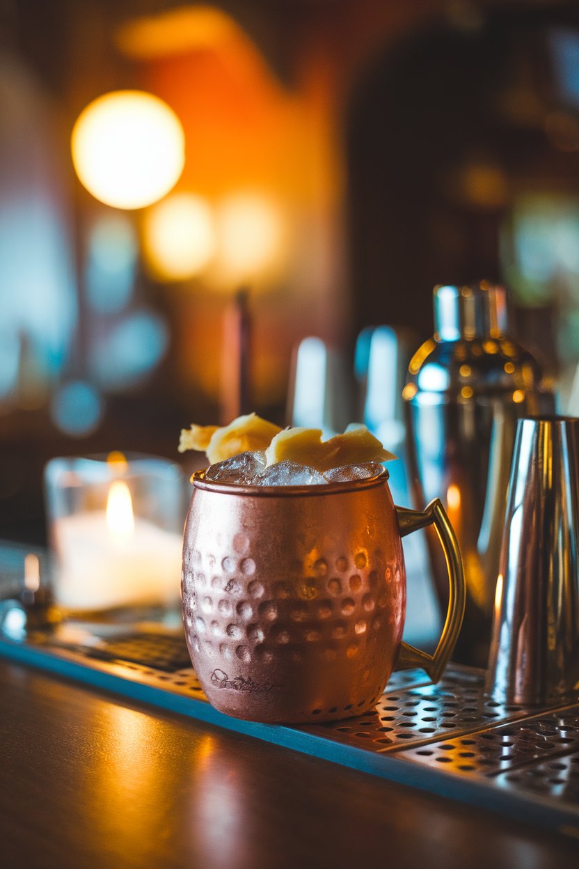 Indoor jazz-club bar top featuring copper mug of icy cocktail with candied ginger garnish, no text or logos, photo
