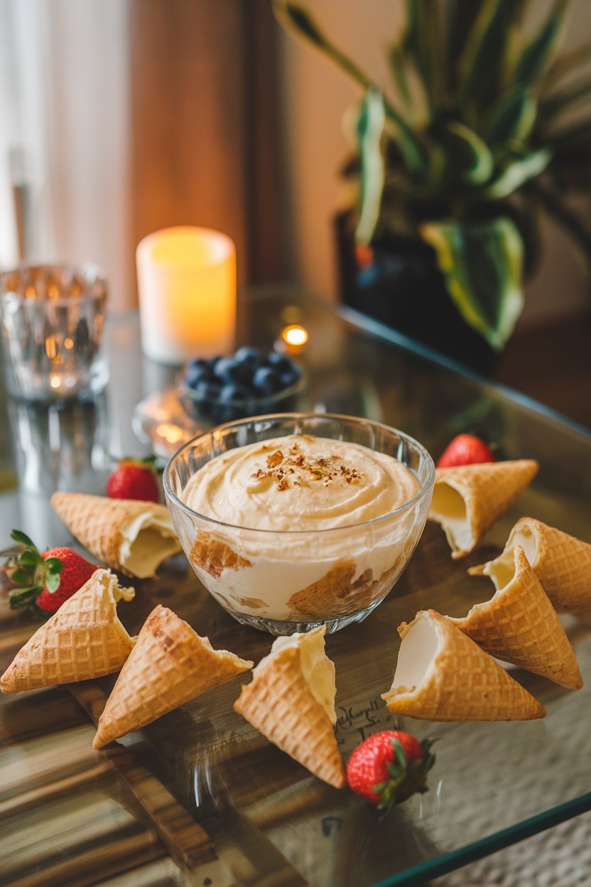 A glass bowl of creamy lemon-ricotta dip surrounded by broken waffle cone pieces for scooping, all on an indoor coffee table. No text or logos; photo, not illustration.