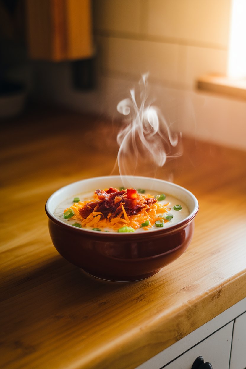 A warmly lit indoor kitchen counter displaying a steaming bowl of loaded baked potato soup topped with shredded cheddar, crispy bacon bits, and sliced green onions; photo only, no text or logos.