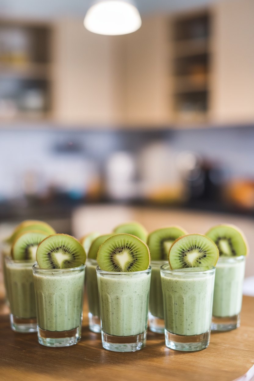 Indoor photo of small shot glasses filled with vibrant green smoothie topped with a kiwi slice, no text or logos