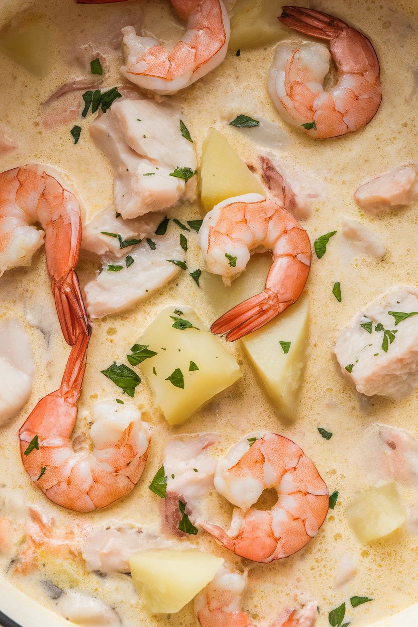 Indoor photo of a creamy seafood chowder featuring cooked shrimp, chunks of white fish, and diced potatoes, garnished with parsley; no text or logos present.