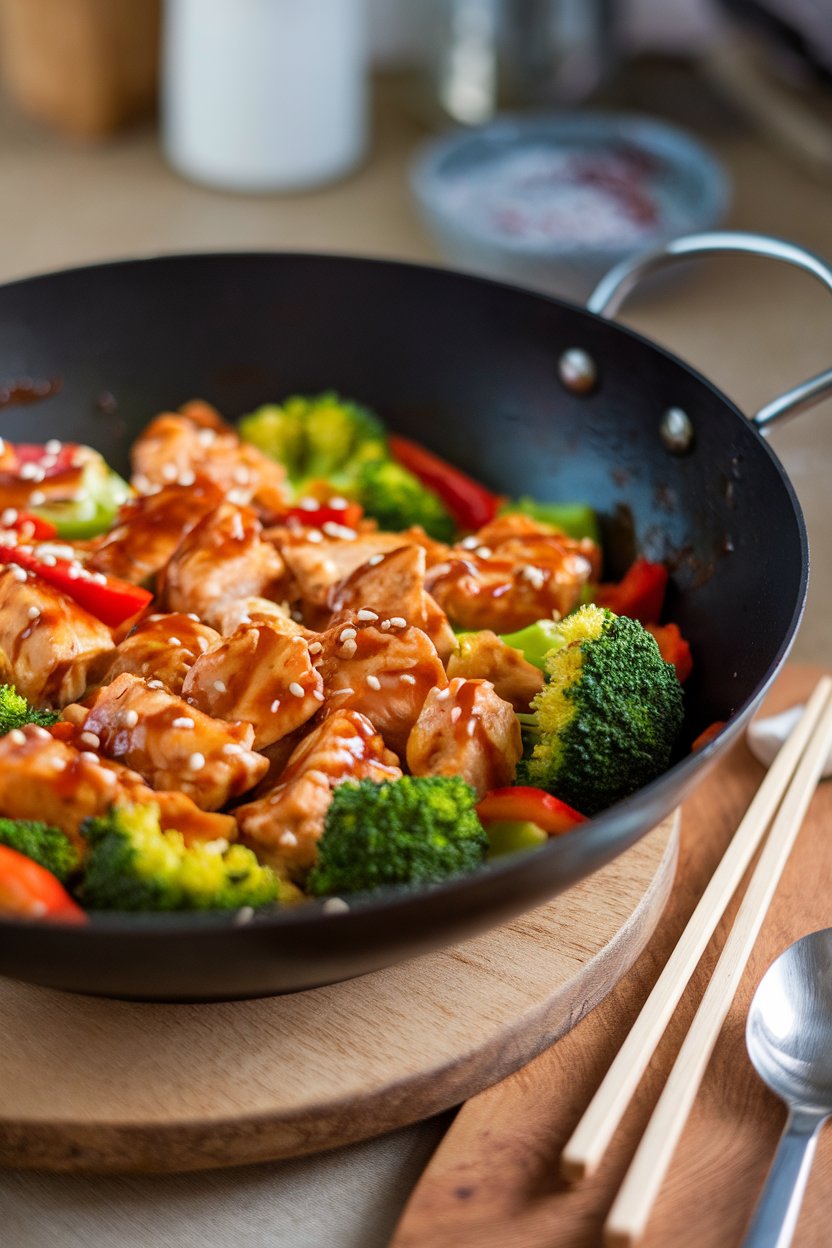 Indoor wok scene with teriyaki-glazed chicken chunks, broccoli, and bell peppers. No text or logos.