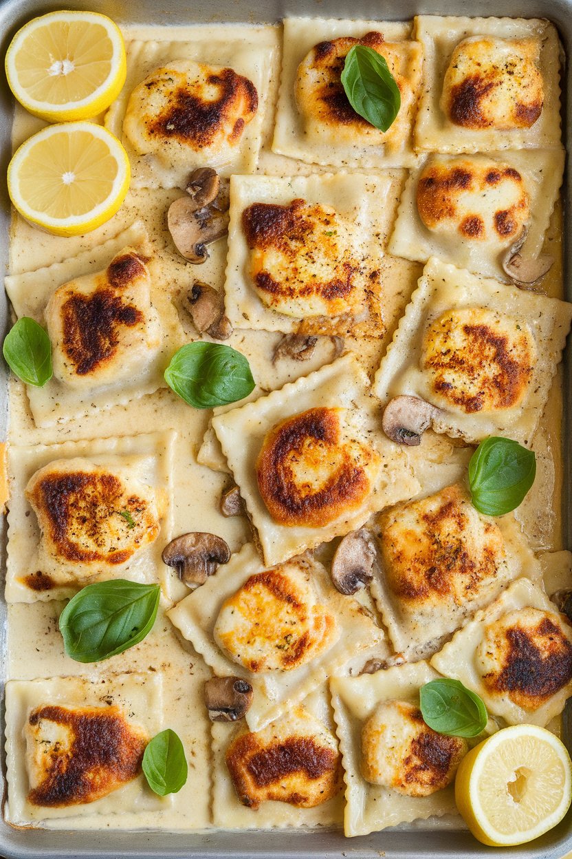 Sheet pan with toasted mushroom ravioli bathed in creamy Alfredo sauce, browned mozzarella on top; photographed indoors. No logos or text.