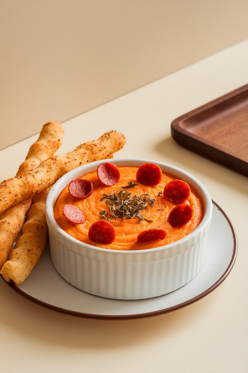 Indoor ramekin of gooey cheese dip topped with mini pepperoni rounds and a sprinkle of oregano, breadsticks arranged nearby. No text or logos.